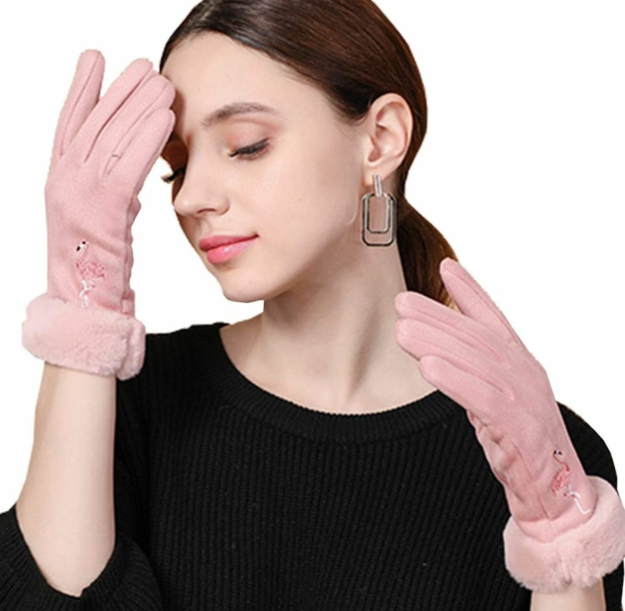 Muryobao Muryobao Women'S Winter Gloves Suede Touch Screen Fleece Warm Windproof Glove Plush Cuff Wholesale