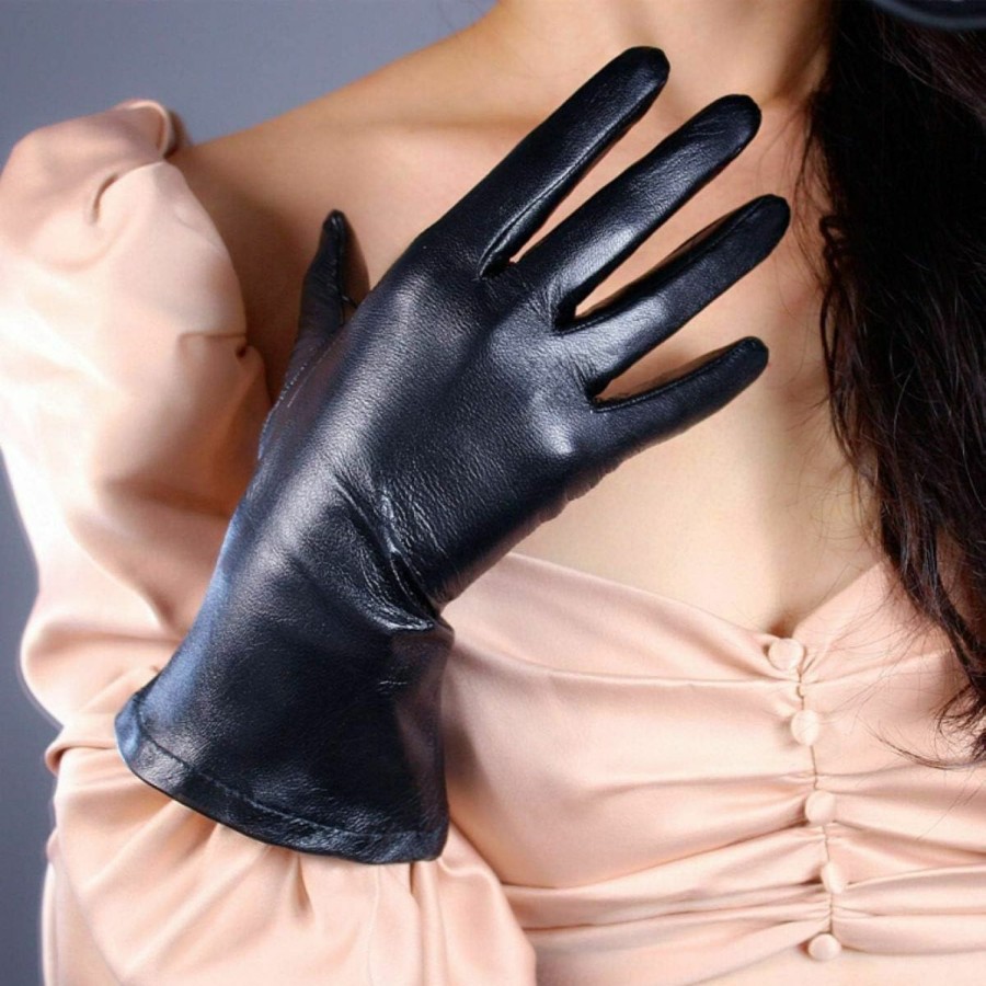 DooWay Dooway Black Leather Gloves Imported Lambskin Touchscreen Long Arm Cuff 11-Inch Wrist Warm Gauntlet Cosplay Party Finger Gloves New