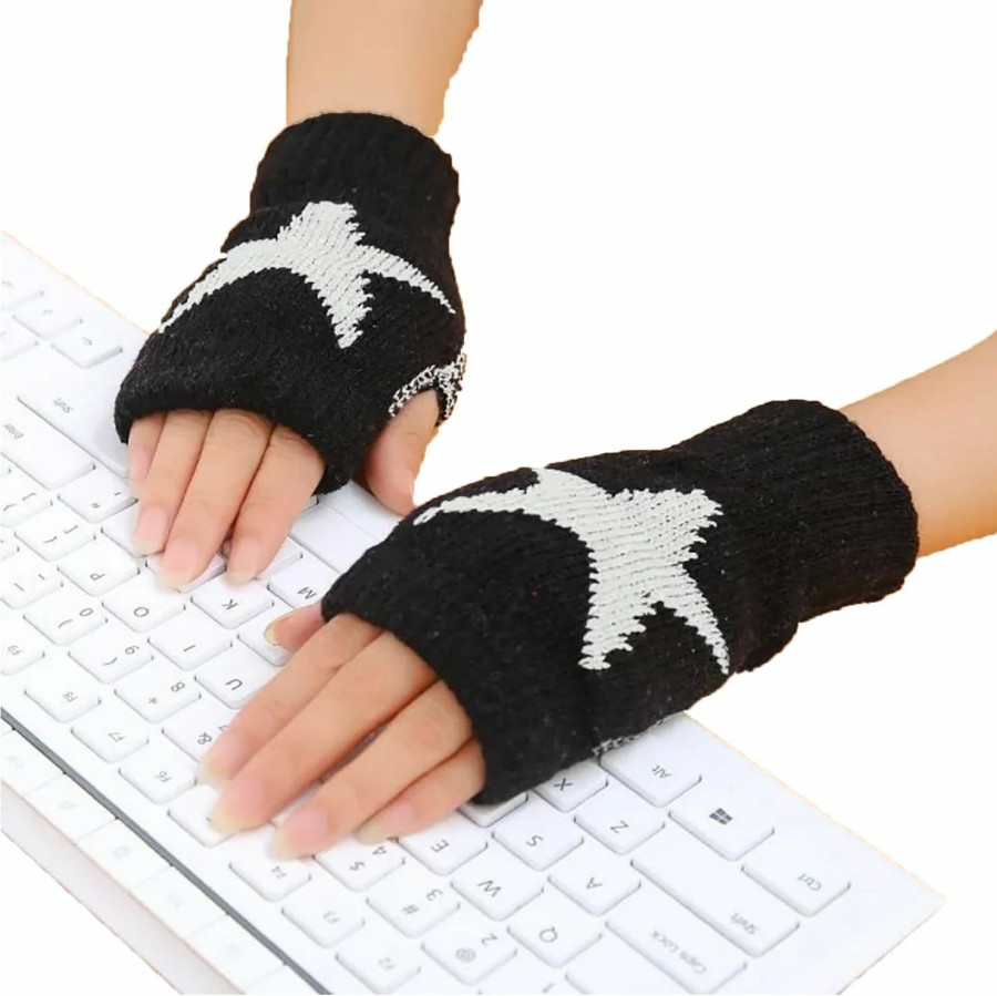 TFHUGFHG Tfhugfhg Black Fingerless Warm Gloves Print Star For Women Warm Thumb Hole Knitted Wrist Length Mitten Gloves Wholesale