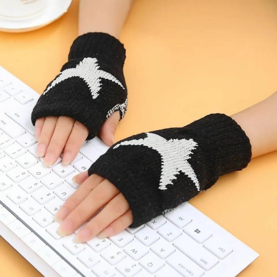 TFHUGFHG Tfhugfhg Black Fingerless Warm Gloves Print Star For Women Warm Thumb Hole Knitted Wrist Length Mitten Gloves Wholesale