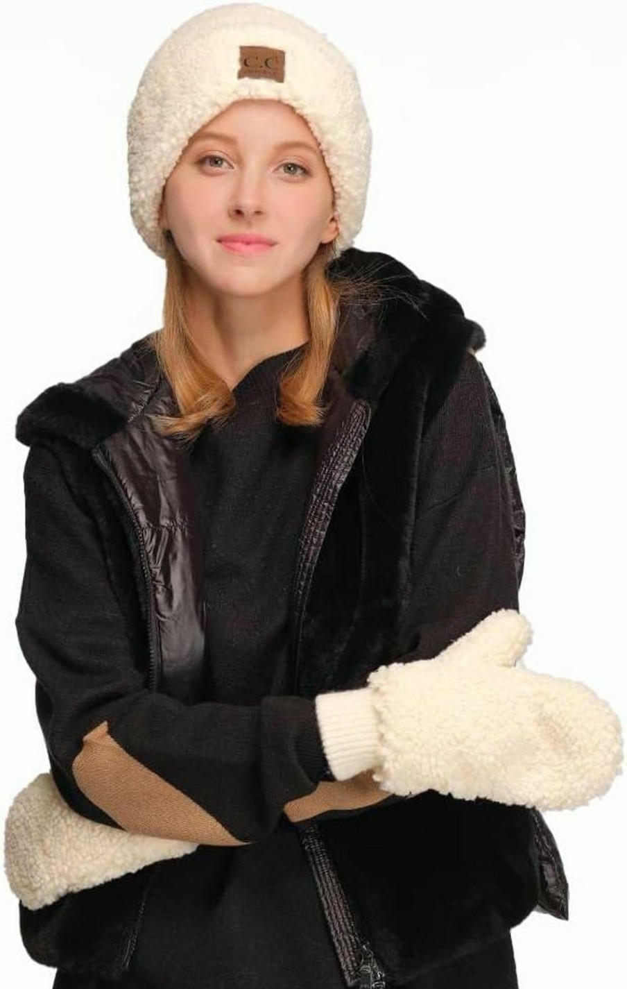 C.C C.C Women Fuzzy Lined Sherpa Cuff Warm Winter Beanie And Mitten Set Wholesale