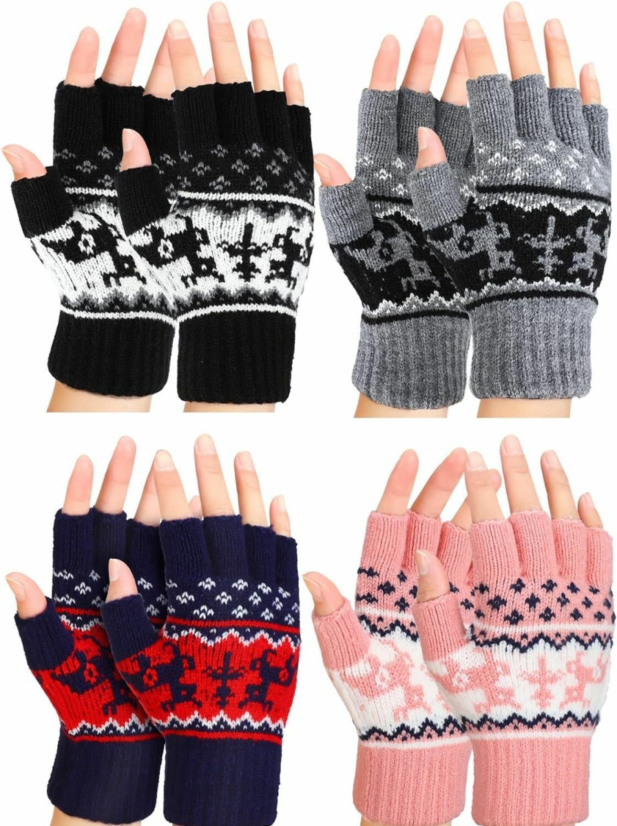 Sintege 4 Pairs Fingerless Gloves Uni Half Finger Gloves Striped Knit Stretchy Winter Gloves For Women Men Cold Weather Online