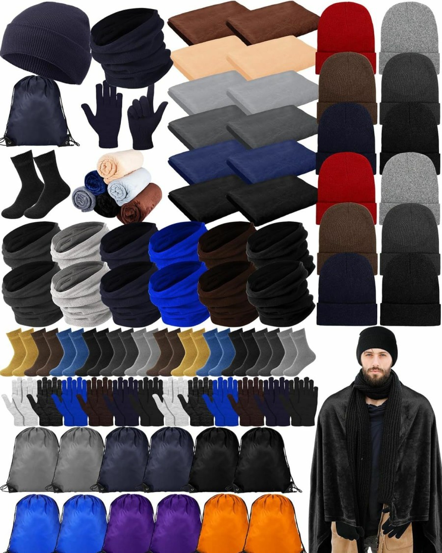 Suhine Suhine 72 Pieces Homeless Care Package Winter Gloves Socks Coral Fleece Blanket Hats Neck Scarfs Uni Drawstring Bags New