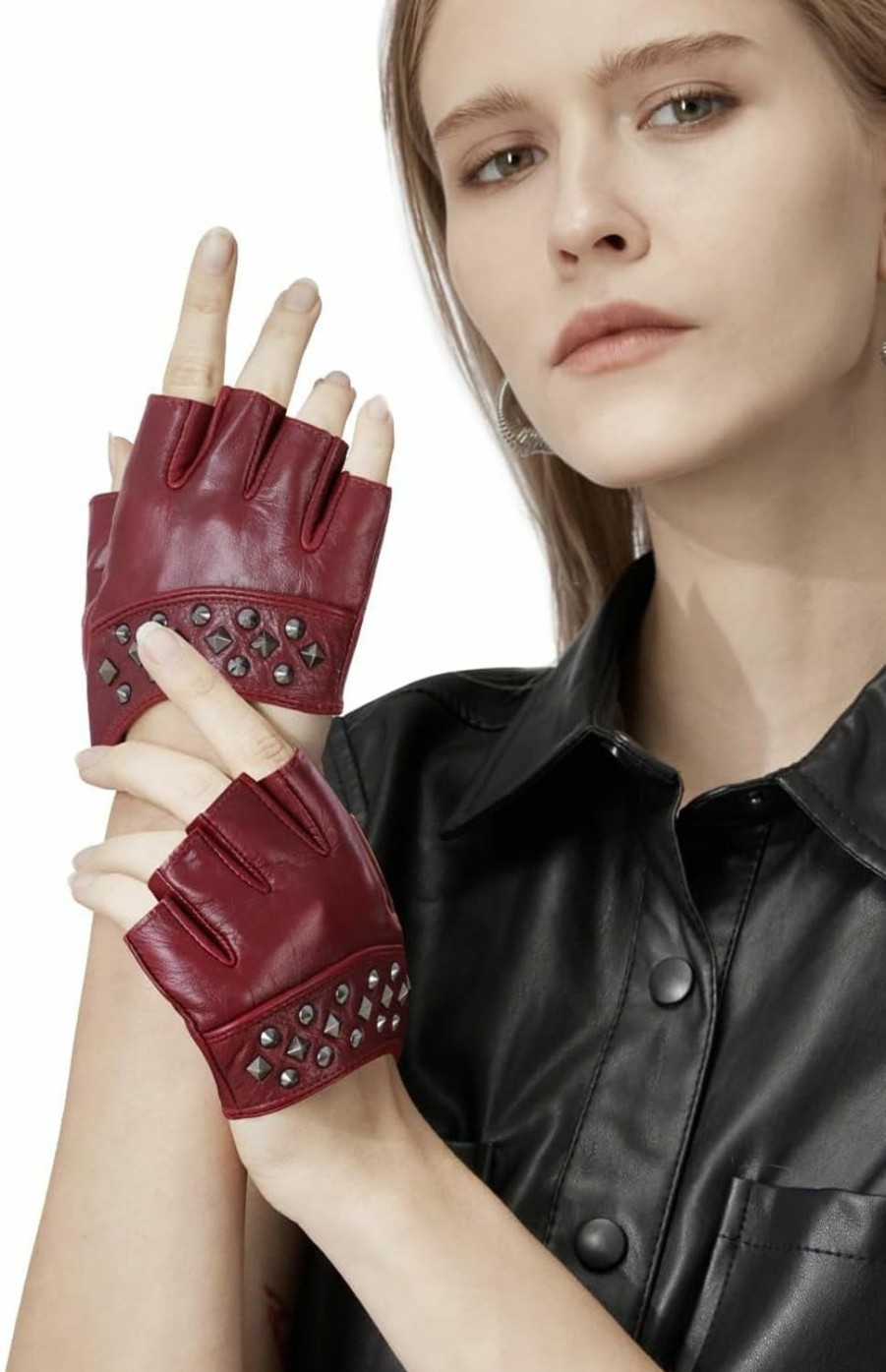 FIORETTO Fioretto Womens Fingerless Leather Gloves Driving Gloves For Women Punk Half Finger Gloves Unlined Sheepskin Gloves W180413 Clearance