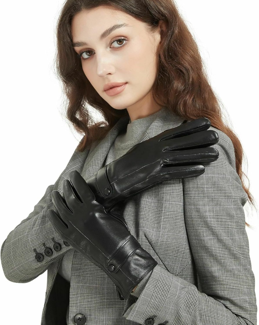 Scopck Genuine Sheepskin Leather Gloves For Women, Winter Wool Fleece Lined Warm Touchscreen Texting Thick Thermal Driving Gloves Clearance