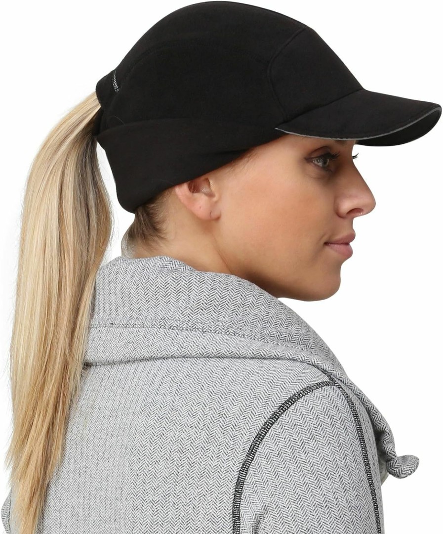 TrailHeads Trailheads Fleece Ponytail Cap And Quilted Mittens Womens Running Set - Black Hot