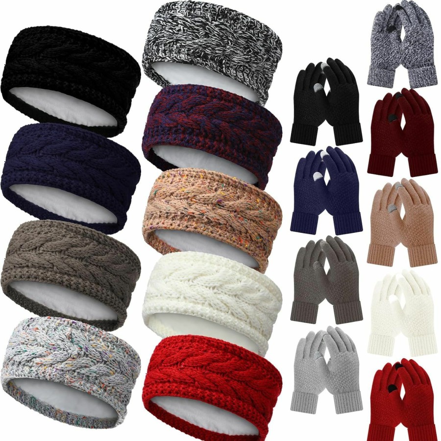 Suhine Suhine 18 Pcs Women Headbands And Winter Gloves Set 9 Cable Knit Headbands 9 Touch Screen Knit Gloves For Women Girls (Bright Colors) Best