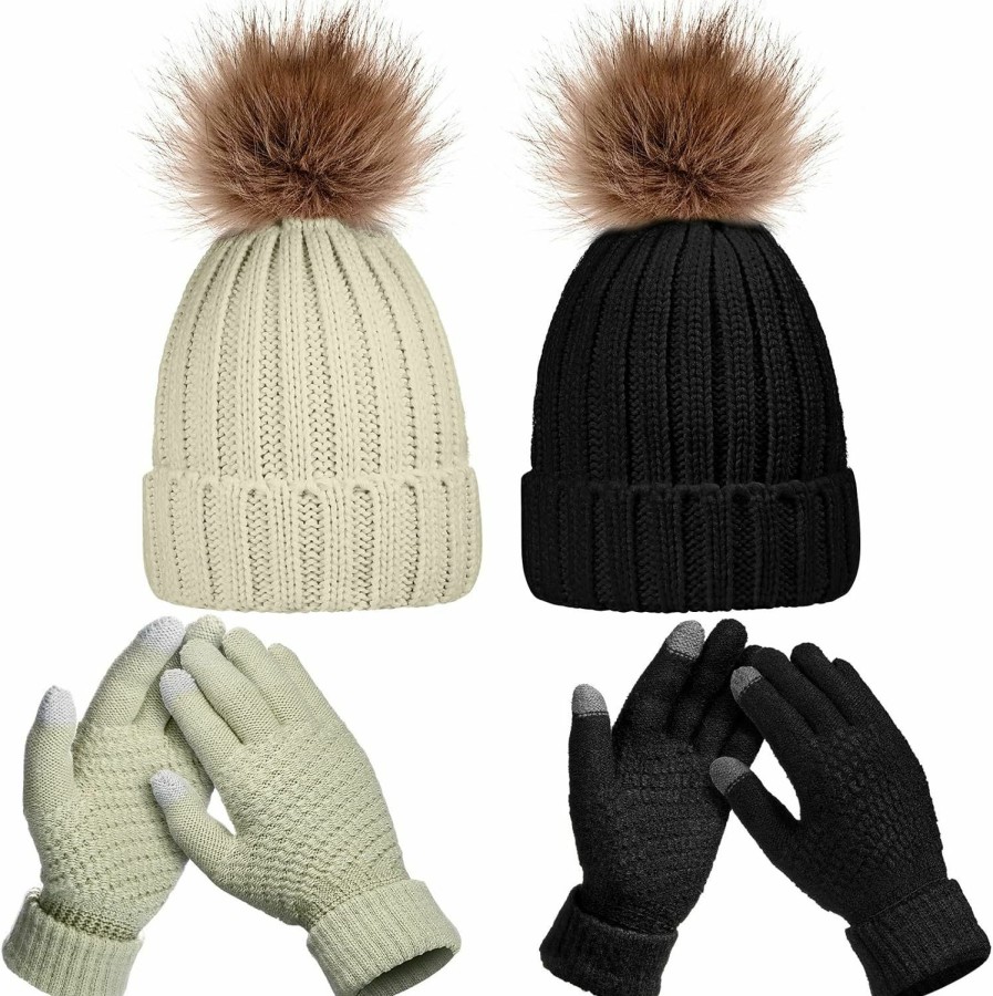 Syhood 4 Pieces Women Winter Knitted Beanie Hat Glove Set Skull Cap Touchscreen Gloves Hot