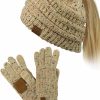 C.C C.C Beanietail Messy High Bun Cable Knit Beanie And Anti-Slip Touchscreen Gloves Set Online