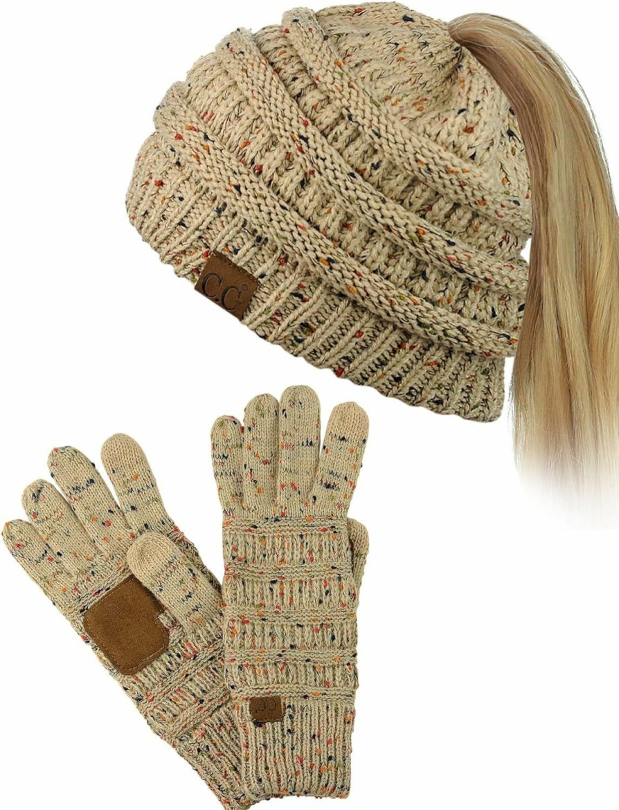 C.C C.C Beanietail Messy High Bun Cable Knit Beanie And Anti-Slip Touchscreen Gloves Set Online