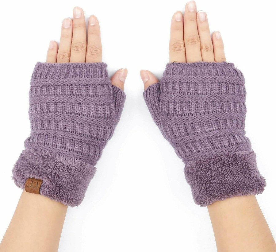 C.C C.C Fingerless Gloves Fuzzy Lined Knit Wrist Warmer Solid Ribbed Glove (Flg-25) Clearance