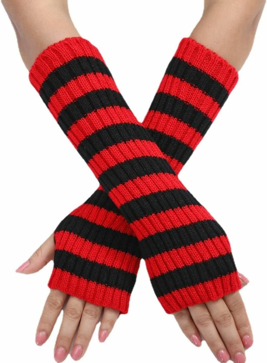 Sumleno Y2K Striped Arm Warmers Long Fingerless Knitted Gloves Punk Gothic Alt Emo Scene Cool Winter Arm Sleeves Grunge Accessories Clearance