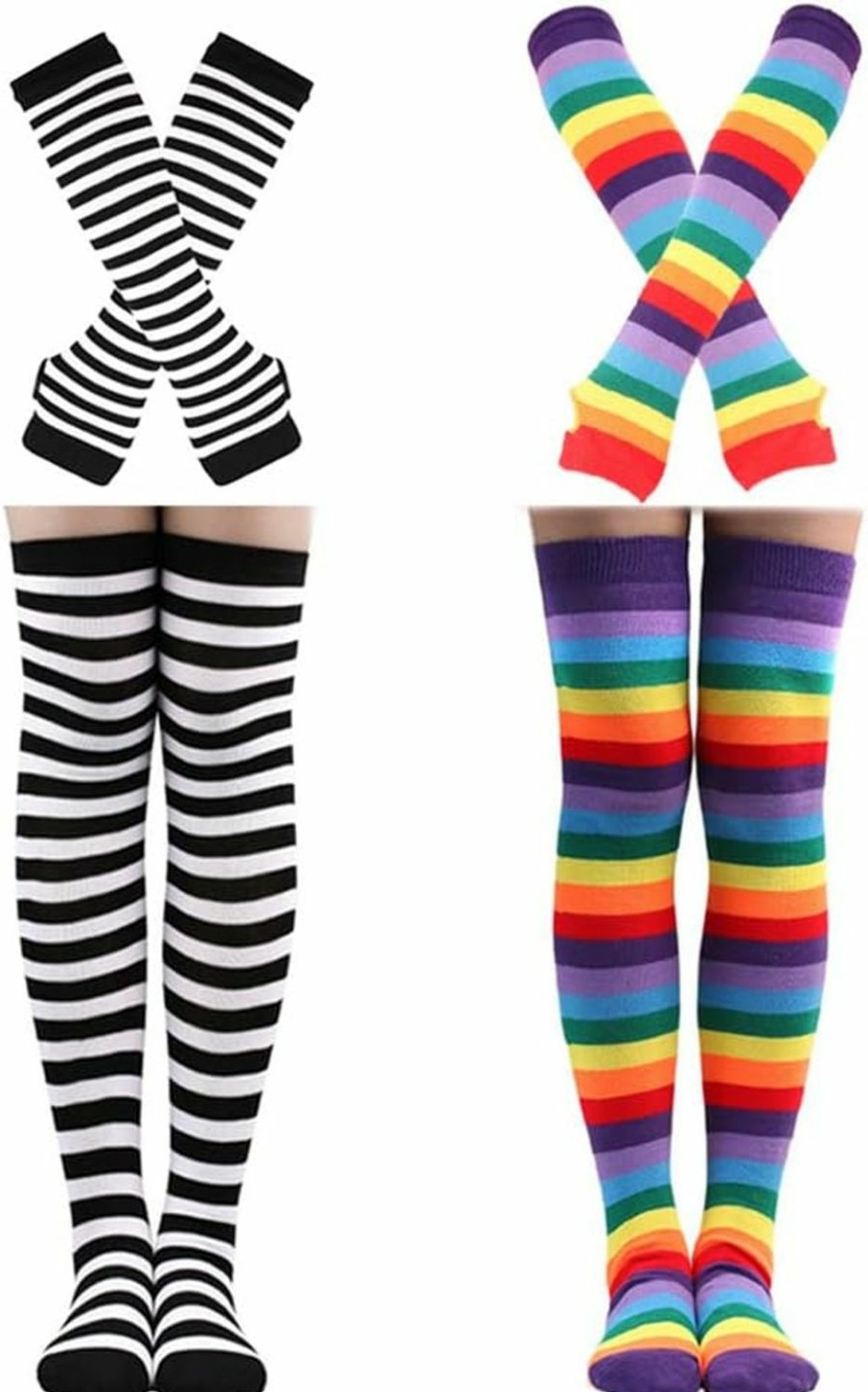 Barrlves Barrlves 2/4 Sets Womens Striped Knee High Socks Long Knitted Arm Warmers Fingerless Gloves For Halloween Costume Wholesale