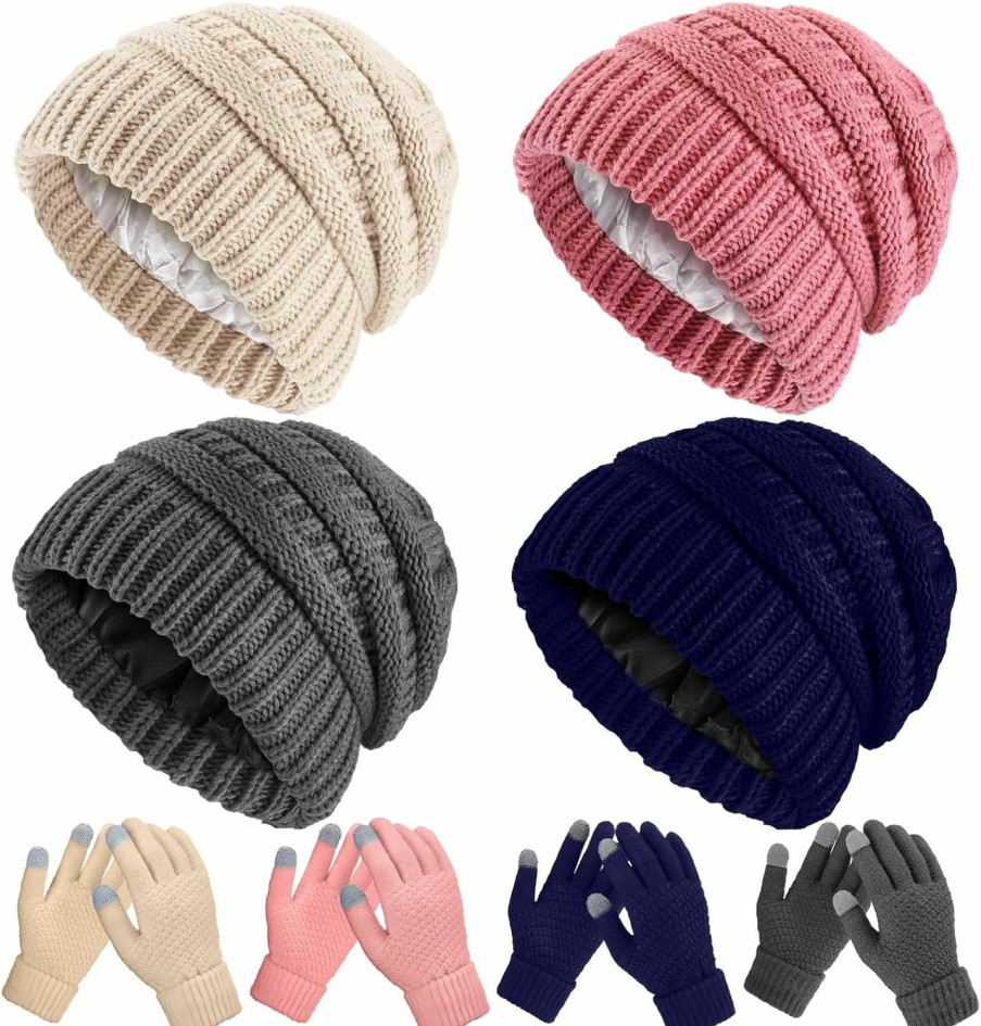 Jadive 4 Sets Winter Knitted Beanie Hat Glove Set For Women Soft Warm Hat Touchscreen Gloves Winter Hats Winter Gloves For Women (Dark Gray, Navy Blue, Beige, Pink) Hot