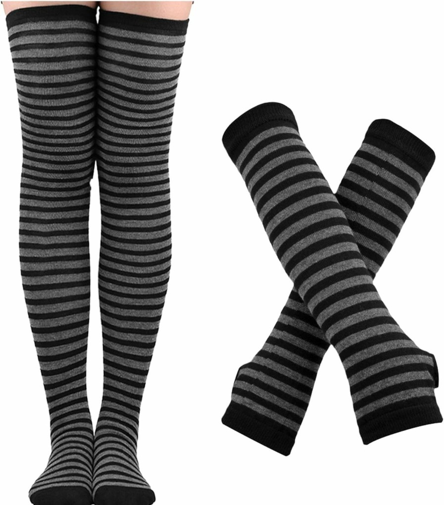 Urieo Urieo Striped Knee High Socks Knitted Arm Leg Warmers Set Knit Costume Long Fingerless Gloves With Thumb Hole For Women Clearance