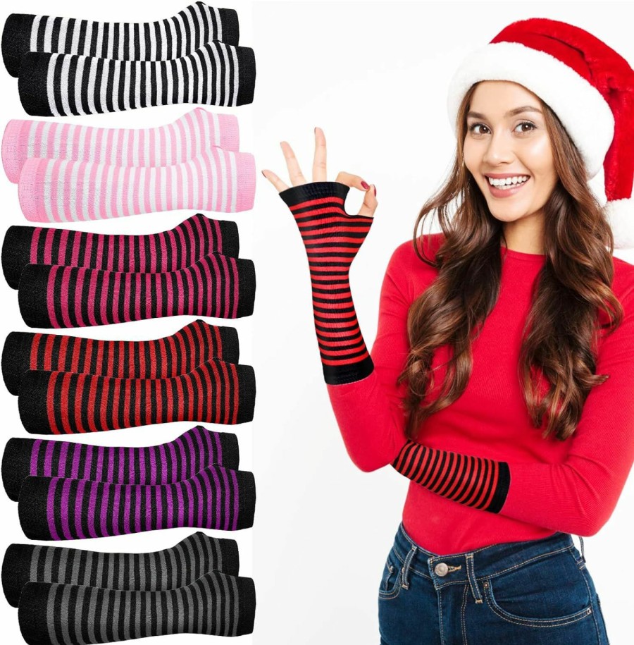 Sintege Sintege 6 Pairs Winter Striped Women Arm Warmers Long Fingerless Gloves Thumbhole Gloves Stretchy Arm Warmers For Adults Christmas Cosplay Accessories Best