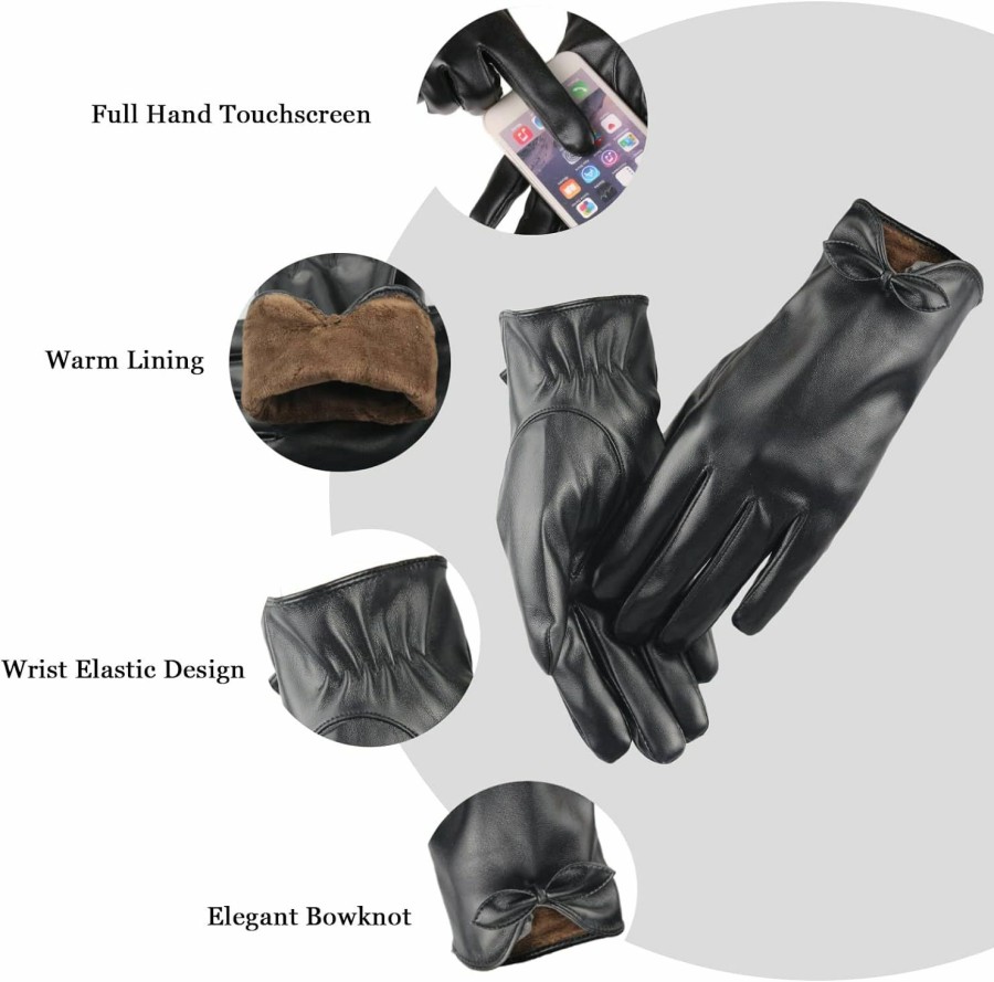 Long Keeper Long Keeper Women Pu Leather Touchscreen Gloves Touch Screen Texting Winter Warm Cycling Driving Bowknot Gloves New