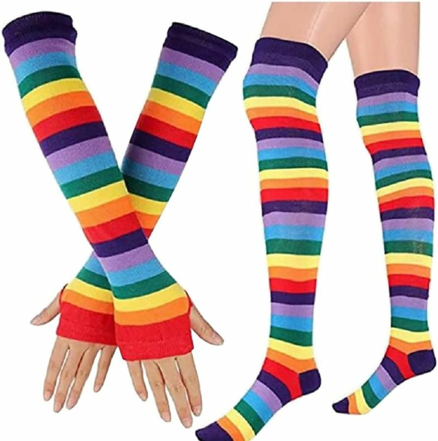 ccHuDE Cchude 2 Pcs Cotton Arm Warmers Socks Rainbow Thigh High Socks Colorful Fingerless Gloves Long Striped Socks Multicolor Hot