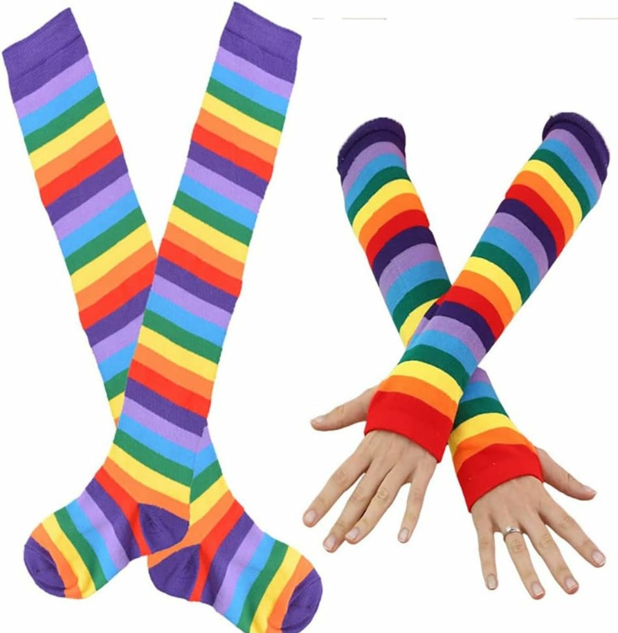 ccHuDE Cchude 2 Pcs Cotton Arm Warmers Socks Rainbow Thigh High Socks Colorful Fingerless Gloves Long Striped Socks Multicolor Hot