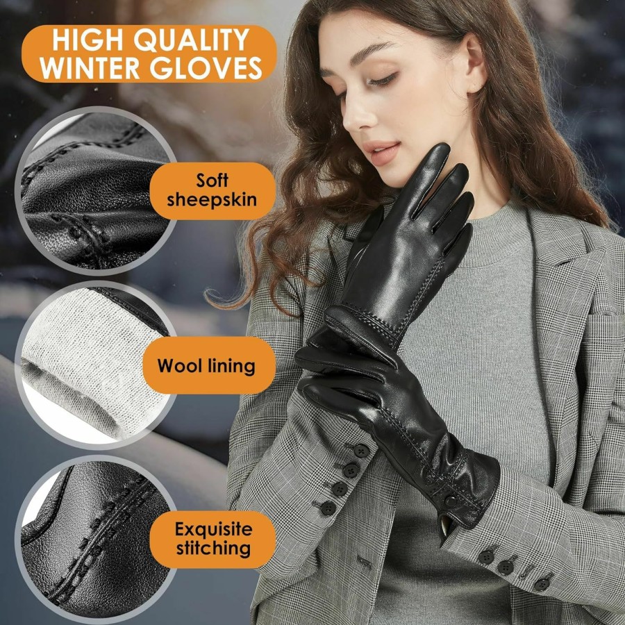 Scopck Winter Genuine Sheepskin Leather Gloves For Women, Warm Driving Touchscreen Driving Texting Cashmere Lined Gloves Wholesale