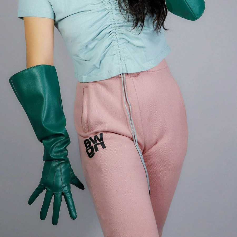 QIN-FE Uni Gloves Tech Long Gloves Faux Leather 50Cm Wide Puff Balloon Sleeves Emerald Green Hot