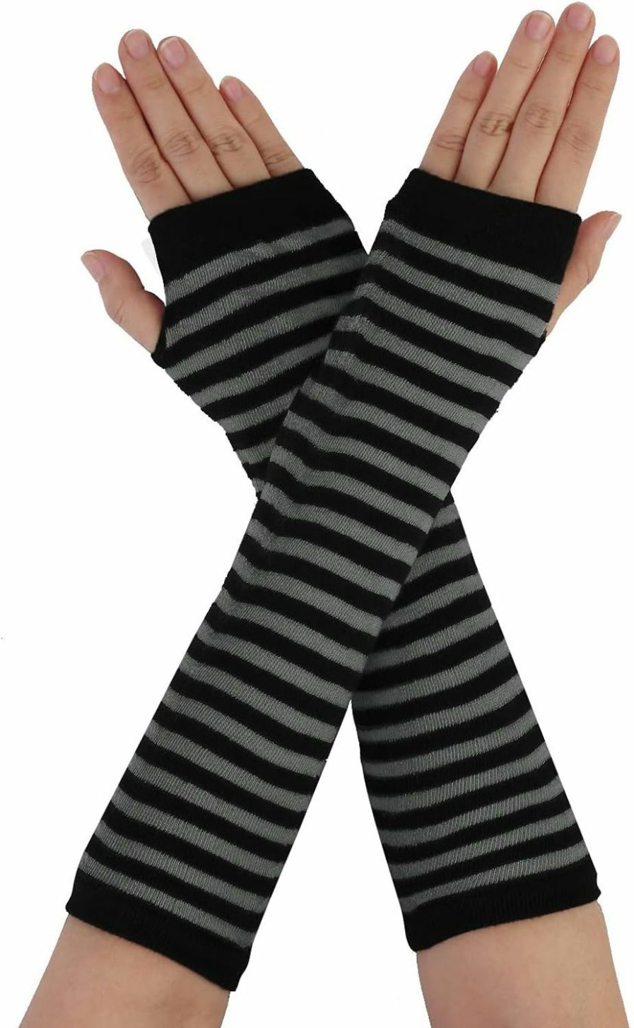 Allegra K Allegra K Lady Fingerless Stripes Prints Fabric Arm Long Gloves Warmers Pair 30 X 9Cm/ 12 X 3.5 Inches(L*W) Gray Black Hot