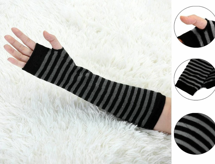 Allegra K Allegra K Lady Fingerless Stripes Prints Fabric Arm Long Gloves Warmers Pair 30 X 9Cm/ 12 X 3.5 Inches(L*W) Gray Black Hot