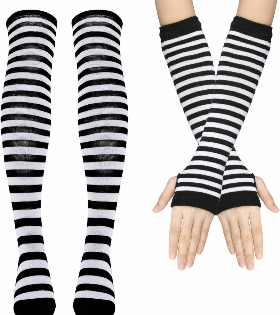 Yolev Women'S Striped High Knee Socks And Arm Warmer Long Striped Socks Knit Fingerless Gloves Winter Costume Accessories Wholesale