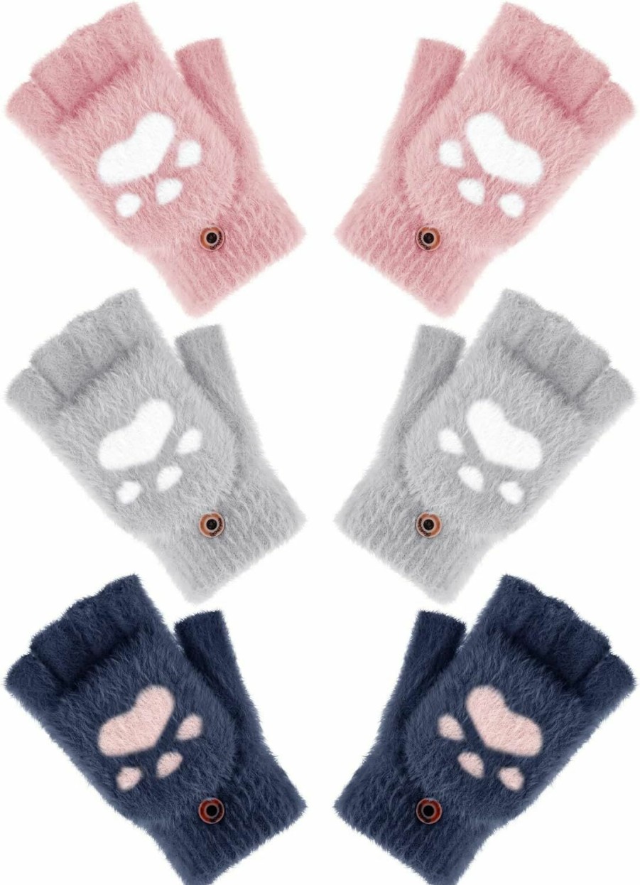 Bencailor Bencailor 3 Pairs Winter Fingerless Gloves Warm Convertible Mittens Flap Cover Cat Paw Gloves For Women Cold Weather Cosplay Wholesale