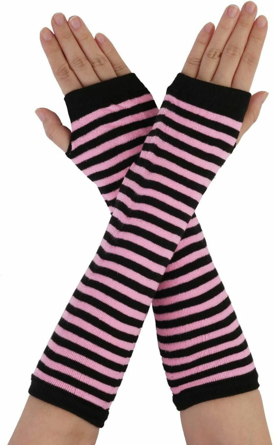 uxcell Allegra K Women Black Pink Stripe Print Elbow Length Fingerless Arm Gloves Pair Best