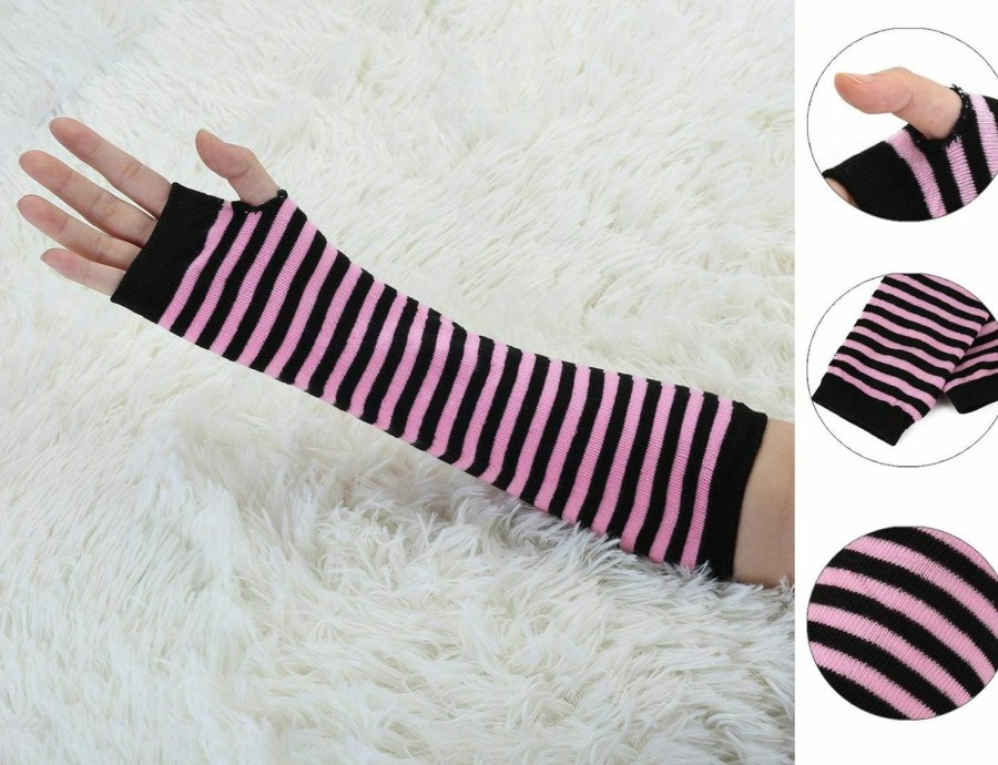 uxcell Allegra K Women Black Pink Stripe Print Elbow Length Fingerless Arm Gloves Pair Best