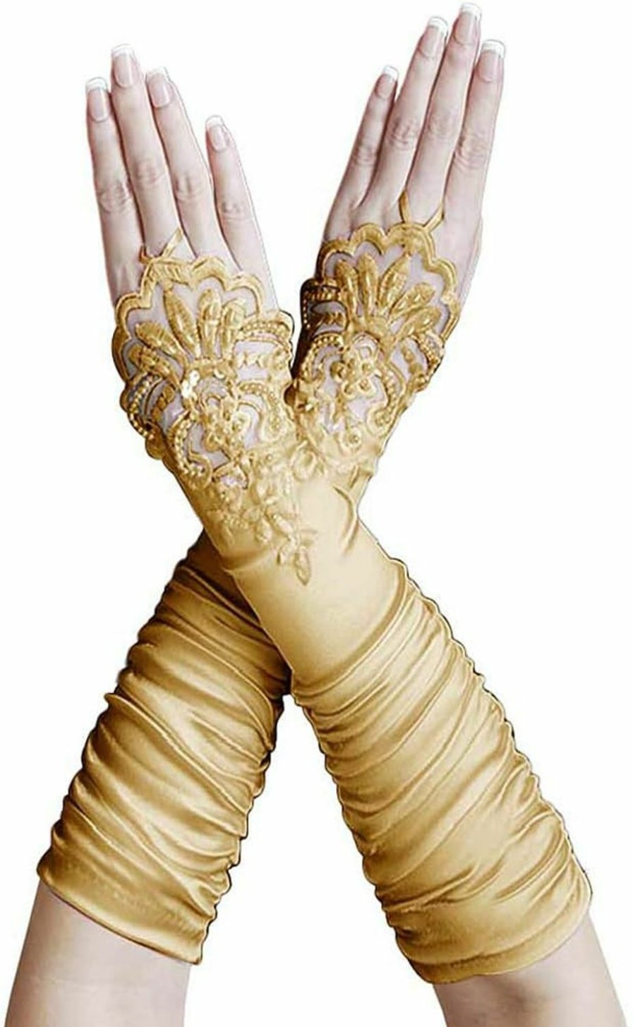 ZaZa Bridal Gathered Satin Fingerless Gloves W/Floral Embroidery Lace & Sequins Wholesale