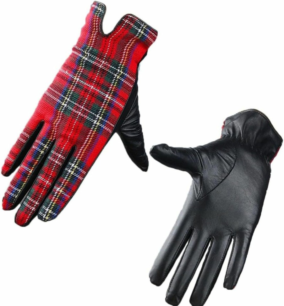 QIN FE Tech Gloves Plaid Real Leather Wrist Long Red Scottish Grid Tweed Wool Gift New