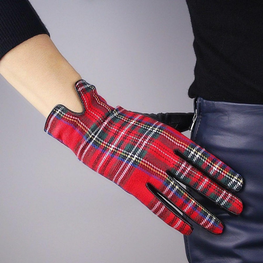 QIN FE Tech Gloves Plaid Real Leather Wrist Long Red Scottish Grid Tweed Wool Gift New