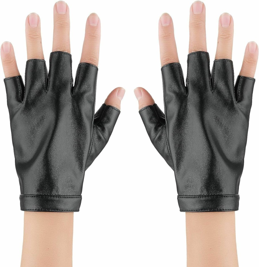 Yolev Yolev Black Punk Fingerless Gloves Leather Cycling Fingerless Gloves Outdoor Driving Motorcycle Sport Half Finger Gloves For Dancing Performance Halloween Costumes Accessories Wholesale