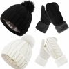 Sintege Sintege 4 Pcs Winter Beanie Hat Mittens Sets Satin Lined Hats With Pom Knit Beanie Wool Knit Winter Gloves For Hiking Skiing Clearance